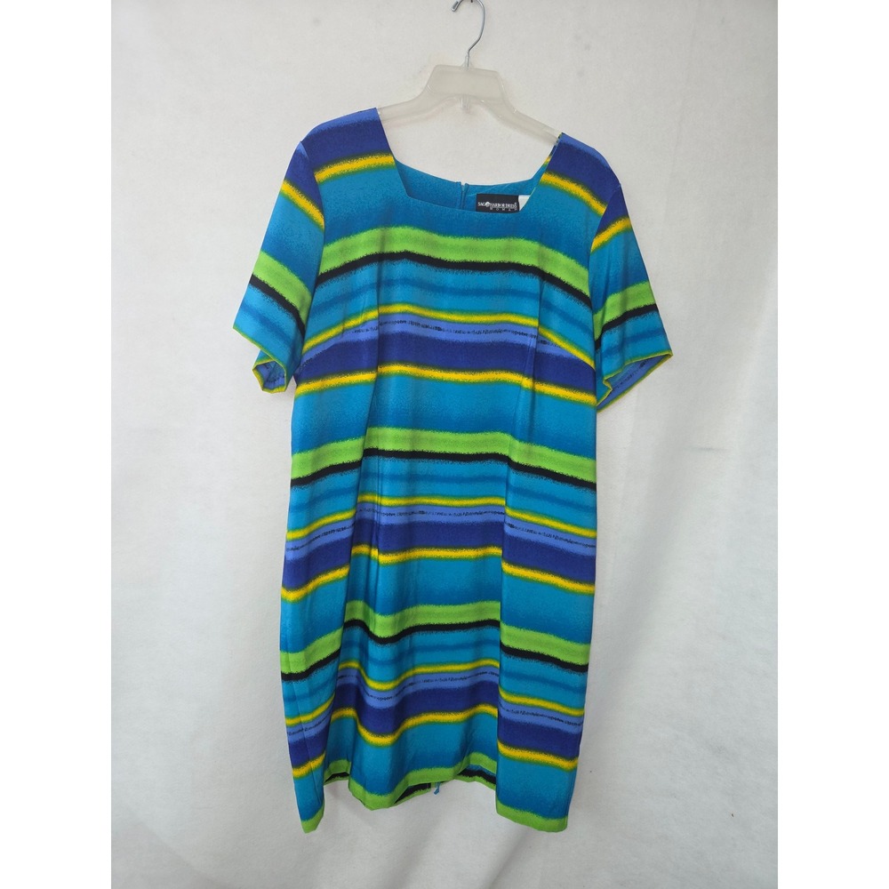 Sag Harbor Dress Woman Shift Dress 24W‎ Blue Green Striped Square Neck 21-3175